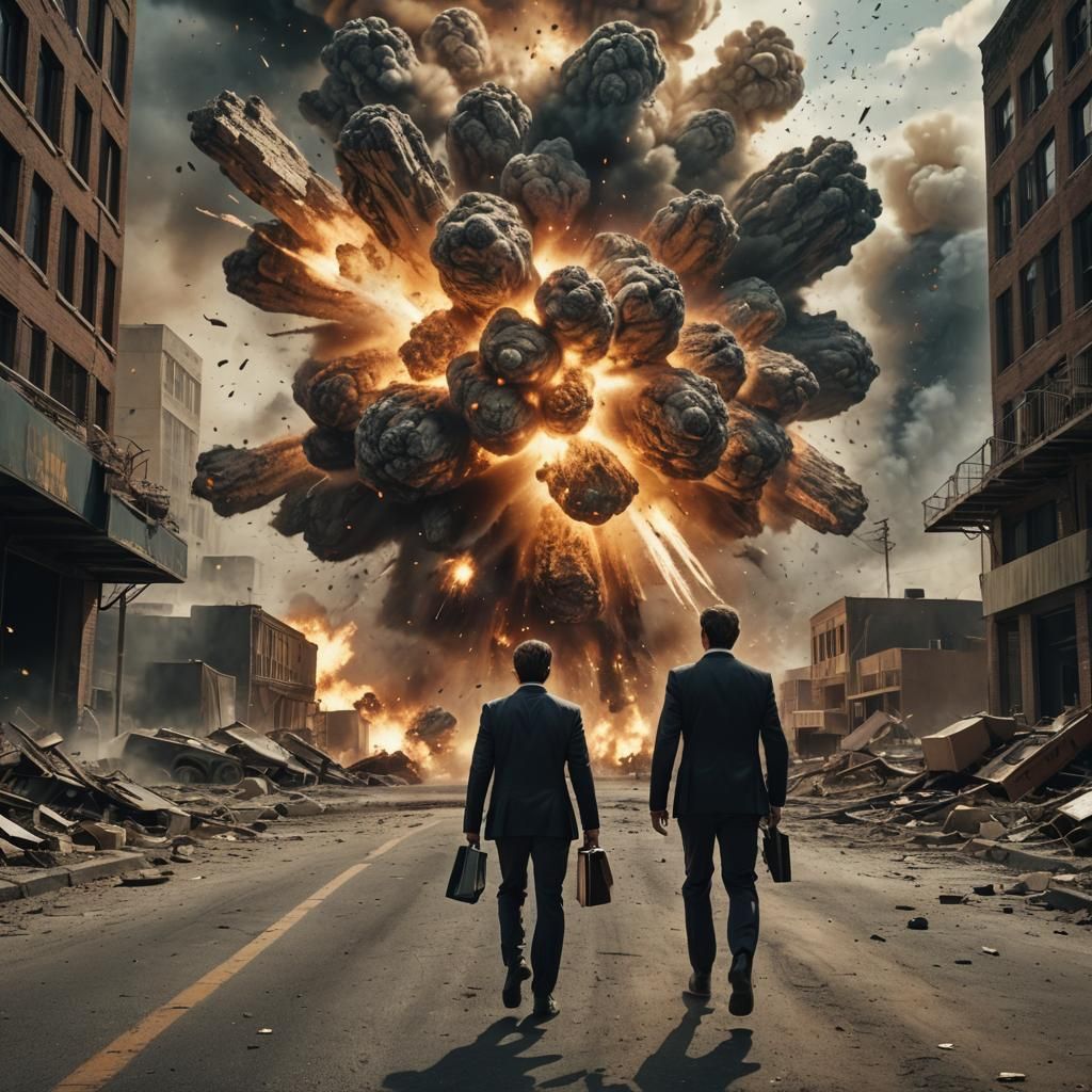 Businessman Walks Away From Explosion: Cinematic Still