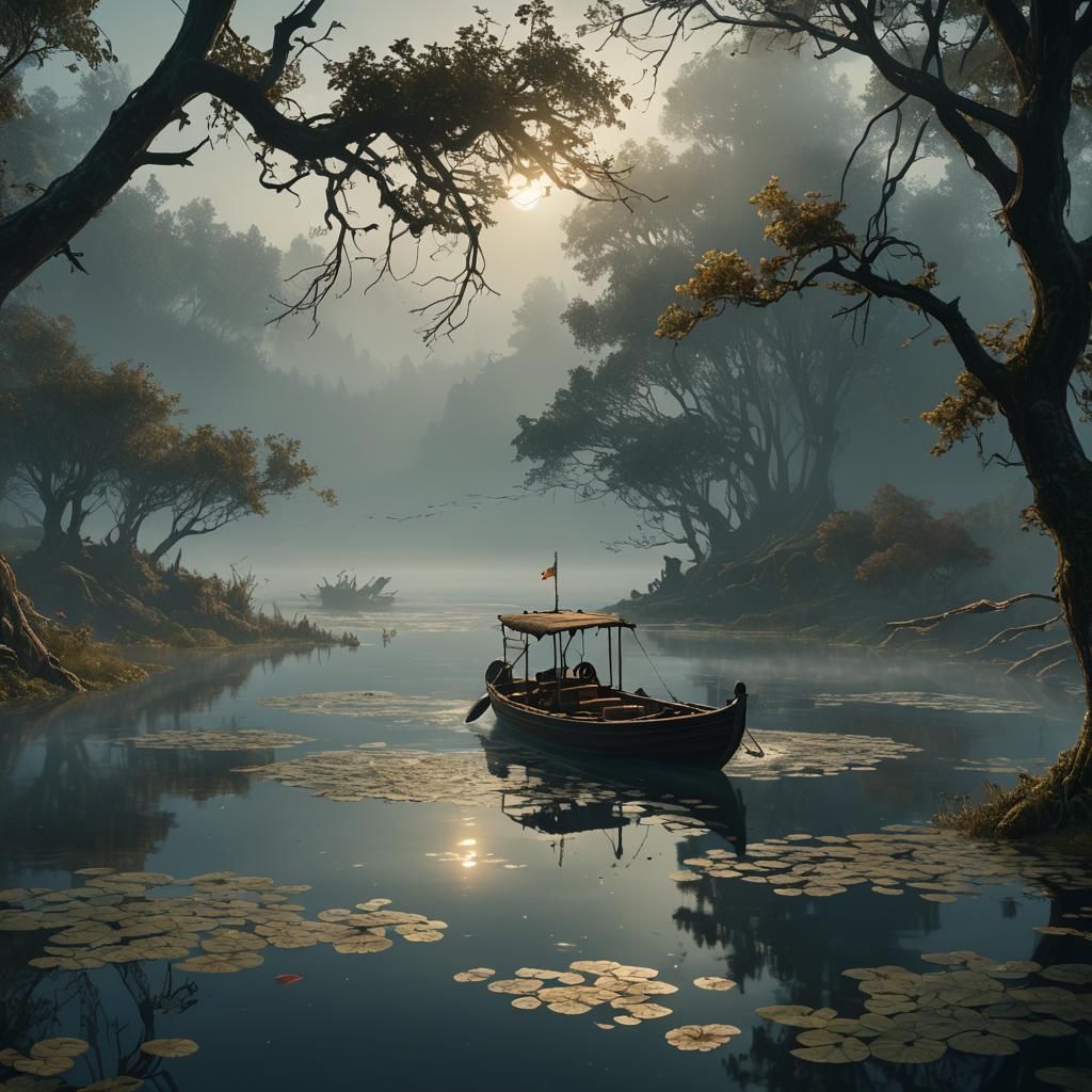 Foggy Lake Boat: Dark Fantasy Concept Art