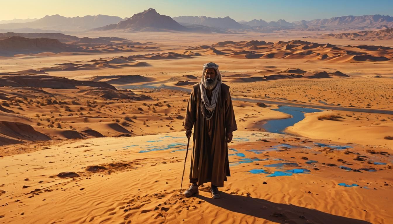 An old Bedouin man in the vast desert