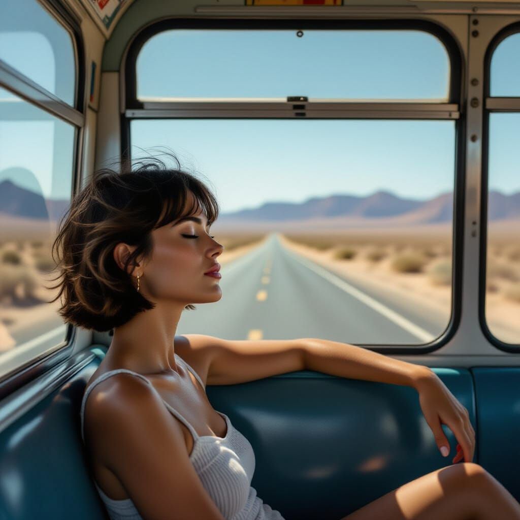 Woman Sleeping on Vintage Desert Bus
