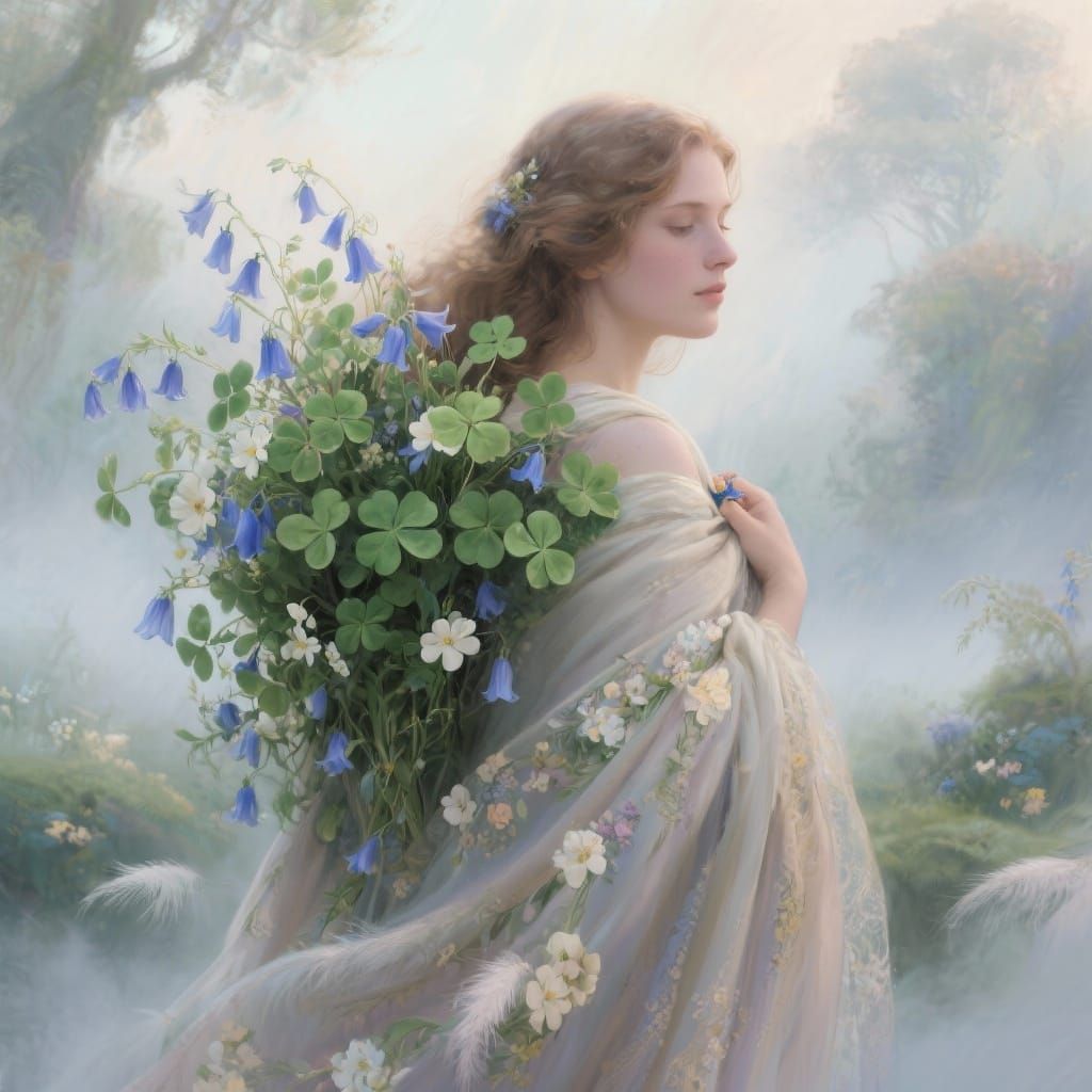 Ethereal Woman in Floral Cloak with Flowers