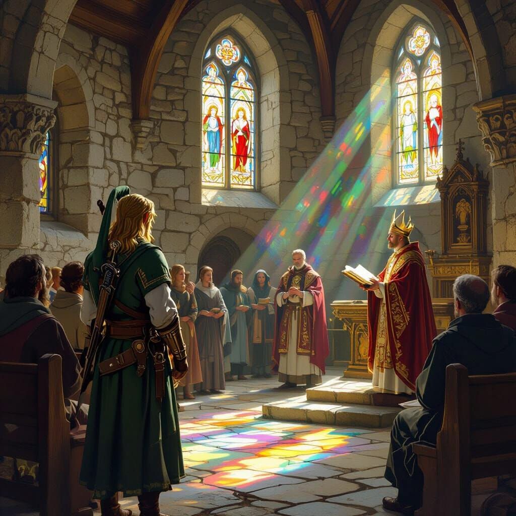Link Attends Medieval Church Sermon in Painterly Style