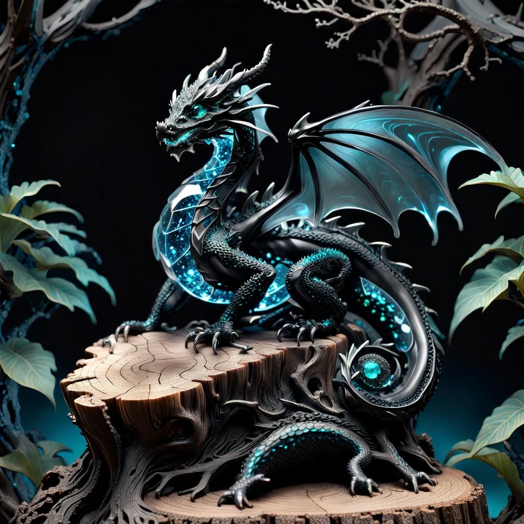 Bioluminescent Crystal Dragon Sculpture on Tree Stump