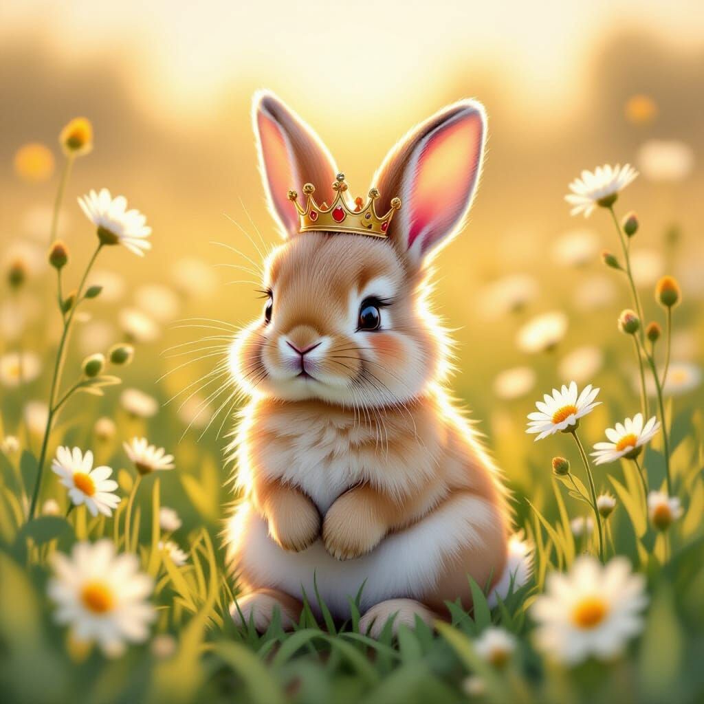 Fluffy Bunny in Wildflowers with Crown