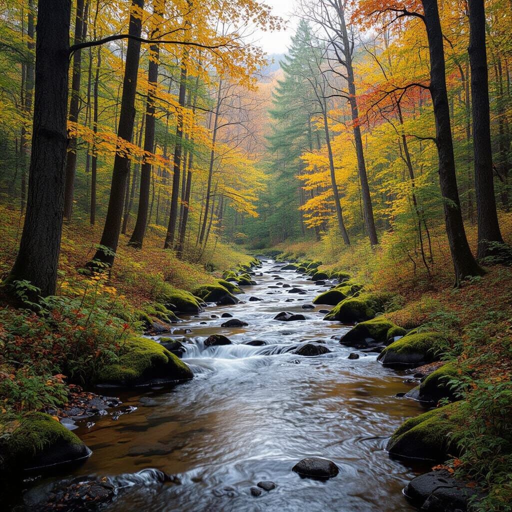 Autumn Forest Scene with Bubbling Stream
