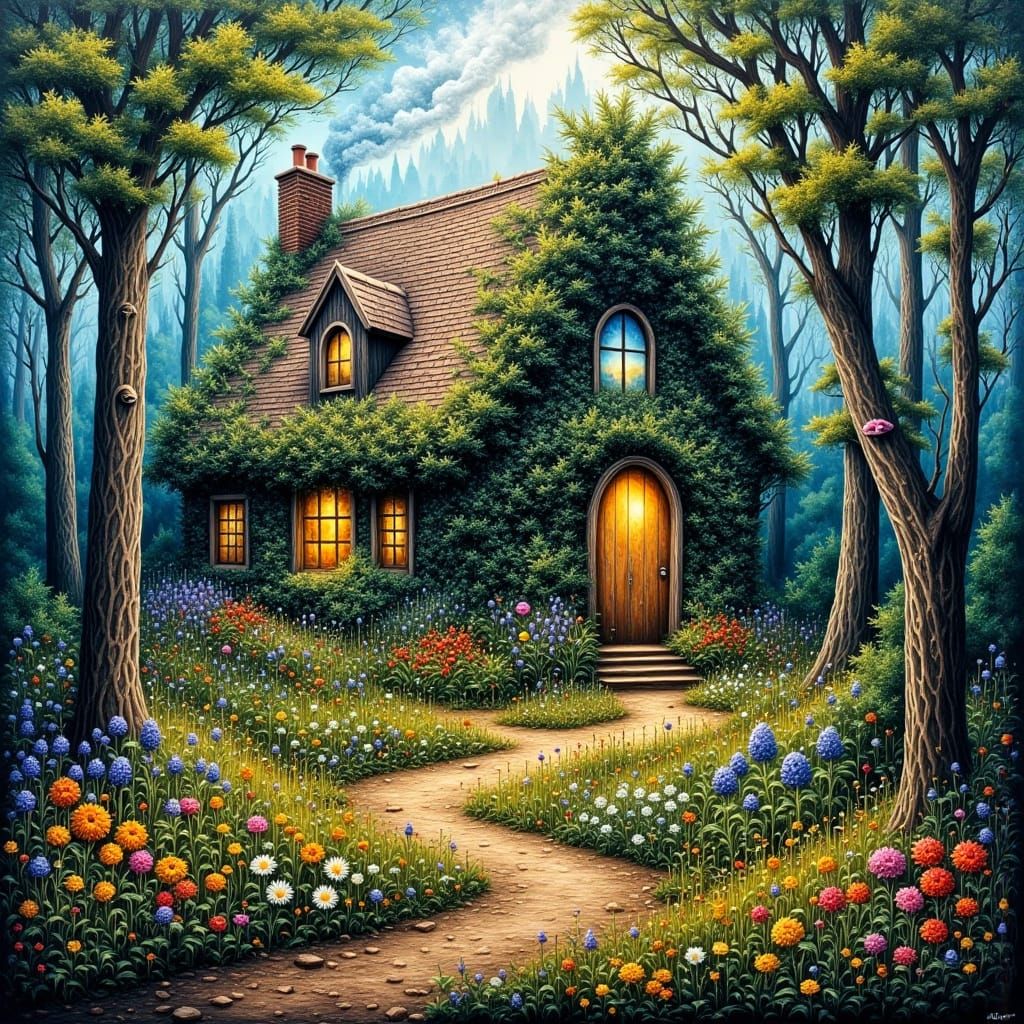 <lora:Abstract Reality:1.0> A quaint, ivy-covered cottage nestled deep within an enchanted forest, smoke gently rising f...