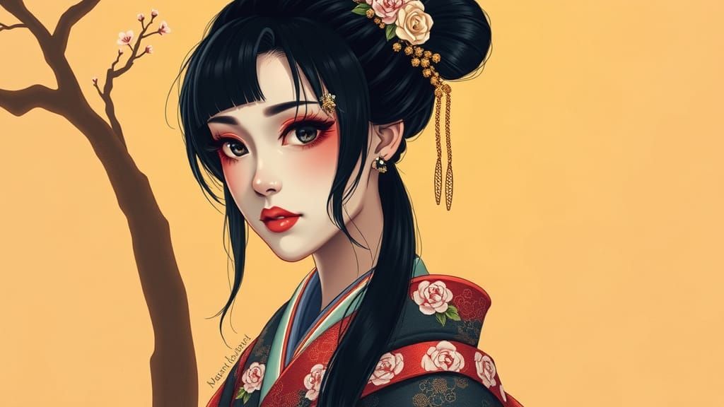 Anime Woman in Kimono: Ukiyo-e Portrait with Cherry Blossoms