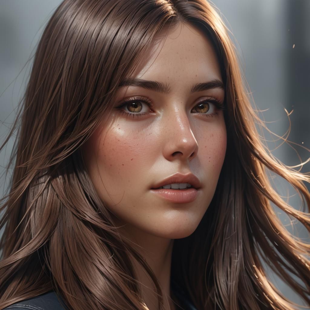 Beautiful Woman with Flowing Brown Hair: Hyperdetailed Portr...