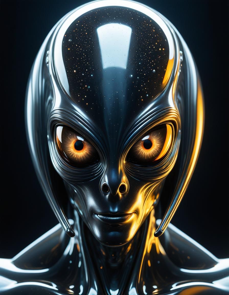 Alien with Glowing Eyes in Liquid Metal Style