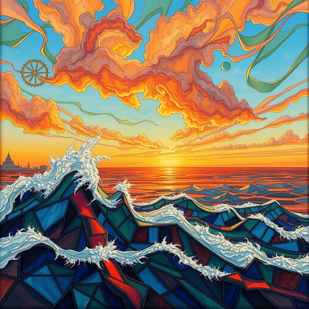 Stained Glass Ocean in Heavy Metal Impasto Style