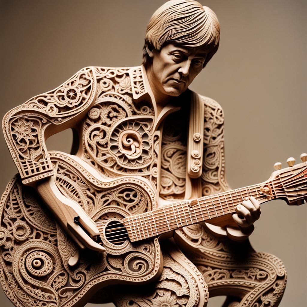 Miniature Paul McCartney Wood Carving with Paisley Lace