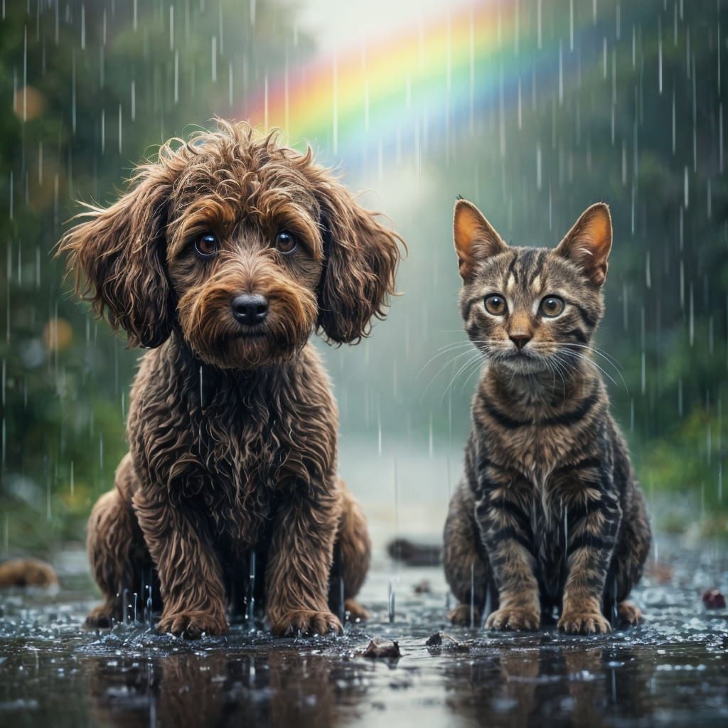 Poodle and Cat in Pouring Rain, Hyperrealistic Art