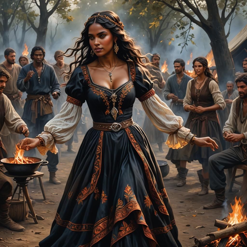 Beautiful Gypsy Woman Dancing by Campfire