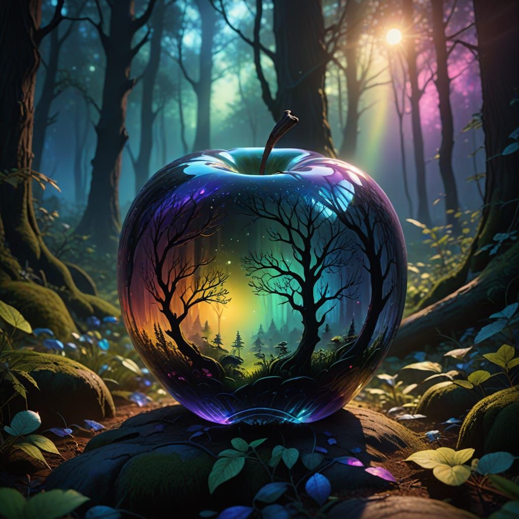 Glowing Glass Apple in Mystical Forest, Fantasy Concept Art