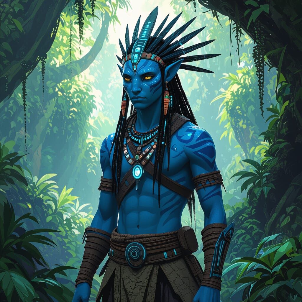 Na'vi Warrior in Pandora Forest, Futuristic Concept Art