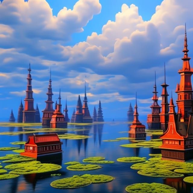 Tranquil Realm: Floating Buildings in Oil Painting Style