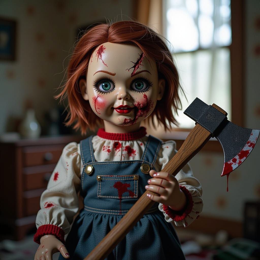 Haunting Killer Doll with Cracked Face and Axe