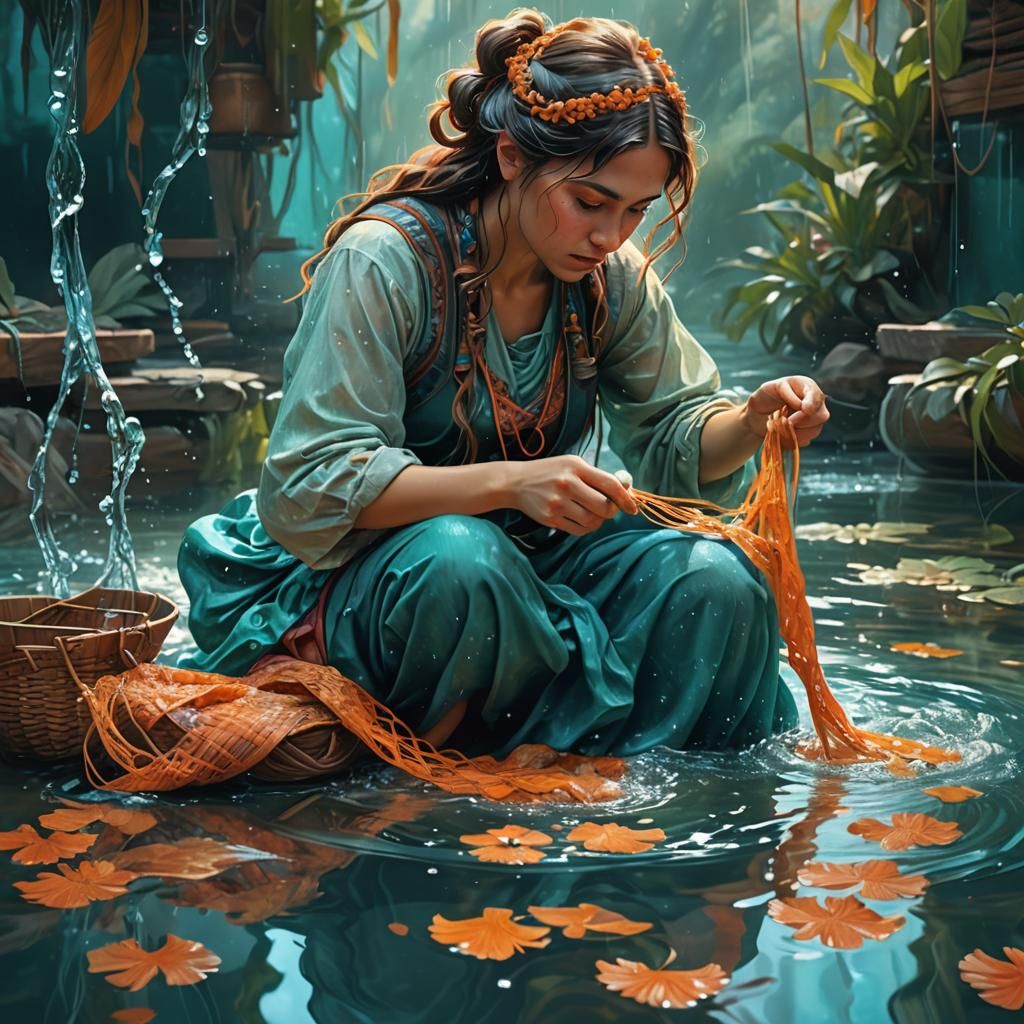 Woman Weaving Water Shoes: Vivid Digital Art