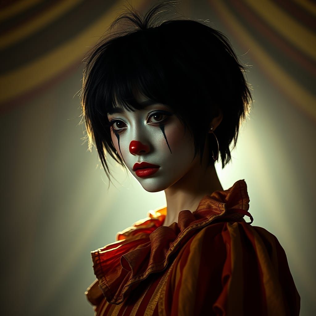 Sorrowful Chinese Clown in Dim Circus Tent