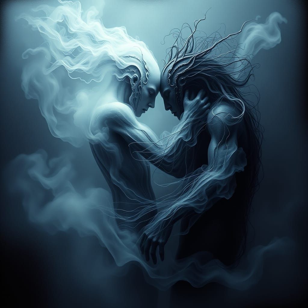 Surreal Scene of Intertwined Opposing Forces in a Haunting B...