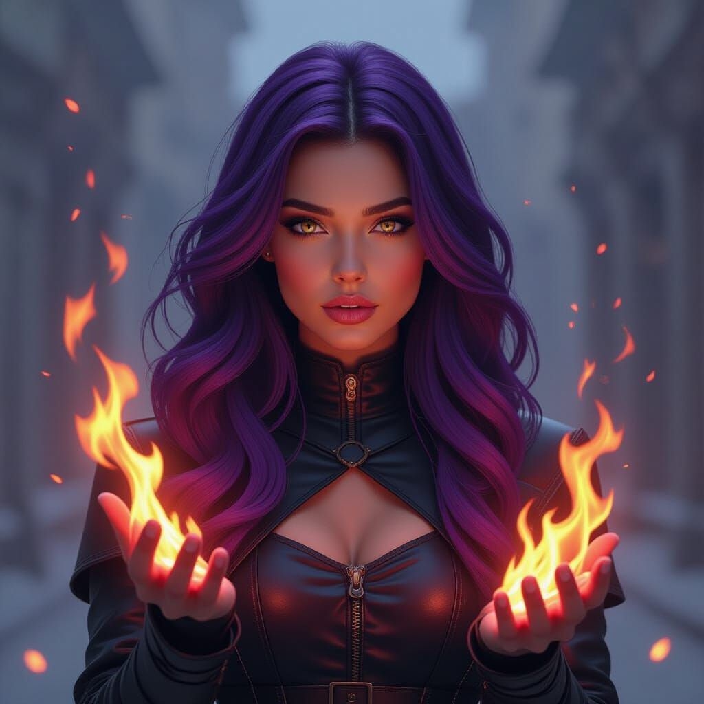 Powerful Woman Controls Flames in Photorealistic Style