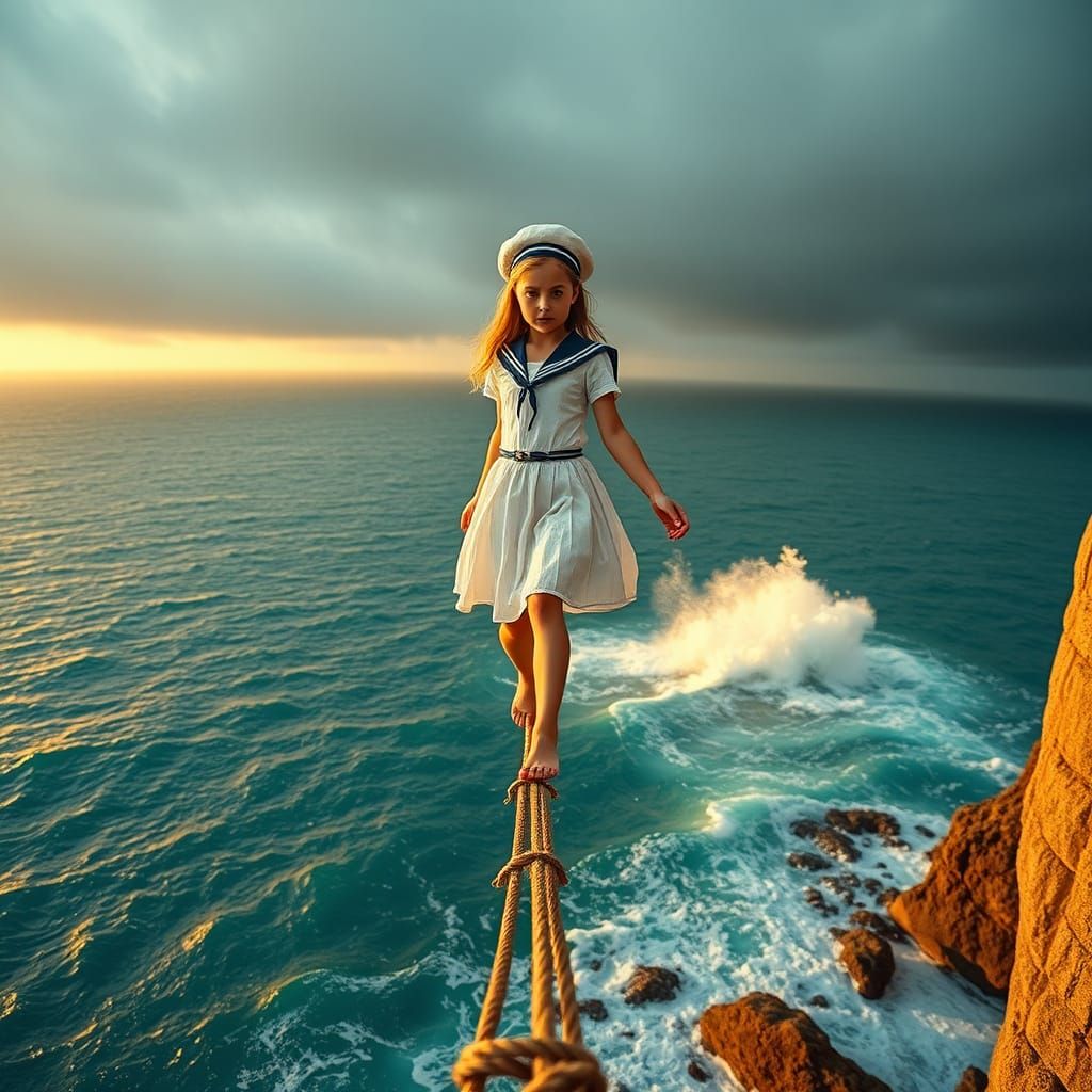 Girl on Tightrope Above Sea, Hyperrealistic Style