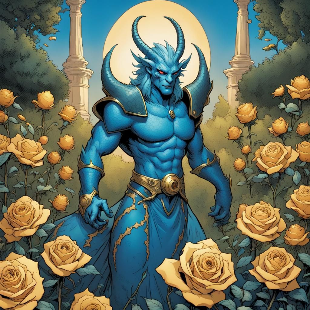 Blue Dragon Demon in Golden Rose Garden