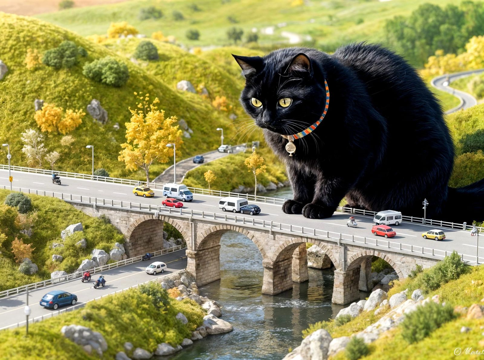 Black Cat Observes Miniature Highway in Whimsical Style
