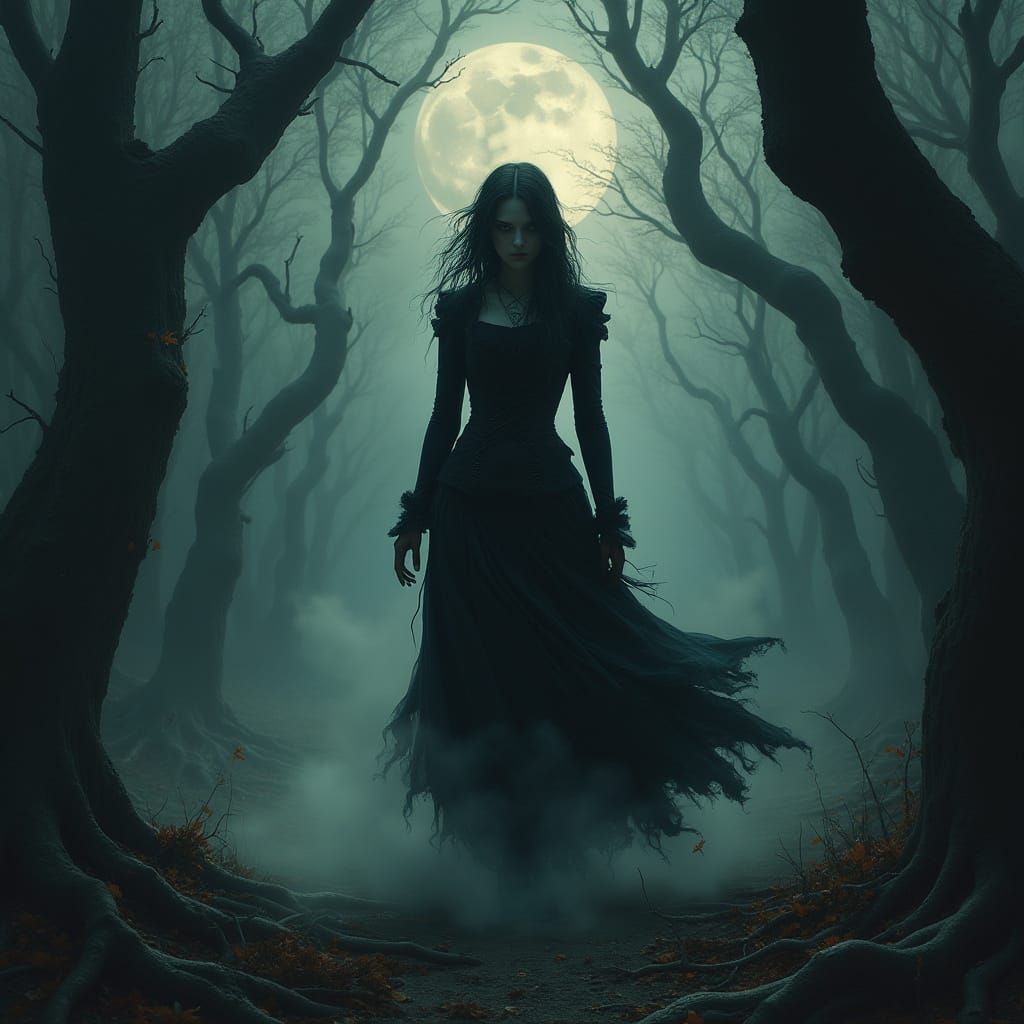 Eerie Victorian Woman Walks Through Dark Forest Under Flicke...