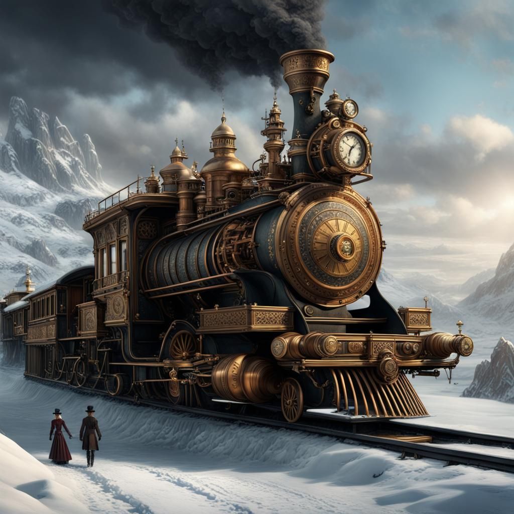 Steampunk Train in Winter Fantasy Landscape