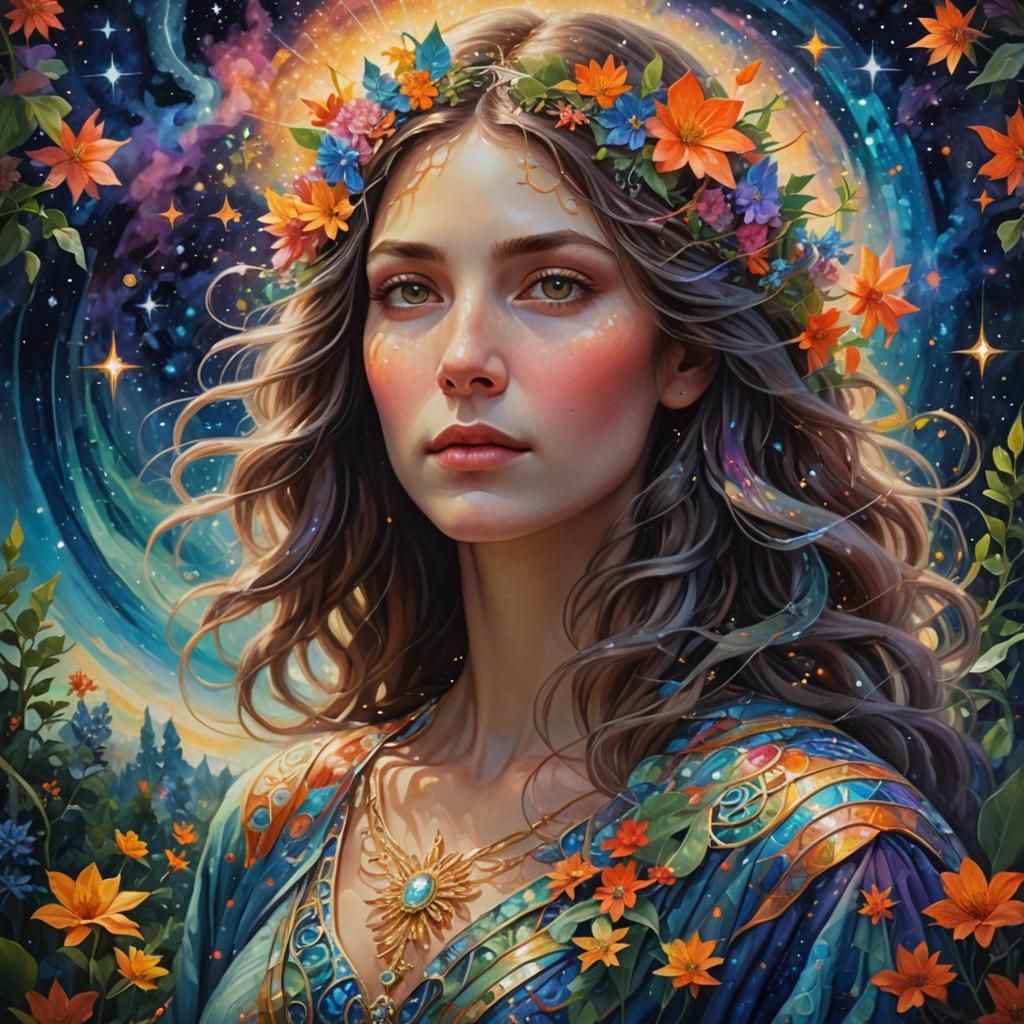 Mystical Woman in Celestial Garden: Oil Painting