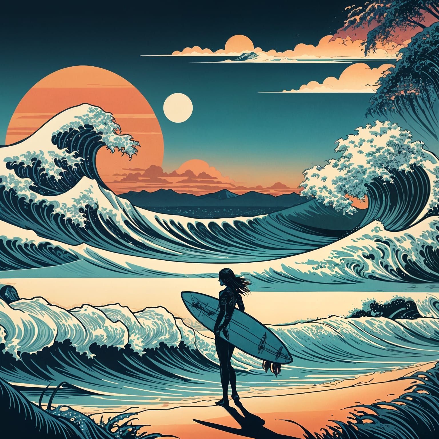 Surreal Beach Scene with Great Wave in Illustration Style