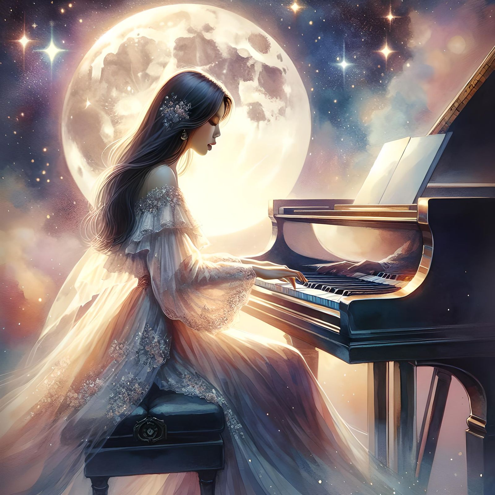 Ethereal Pianist Under Moonlight in Pastel Hues