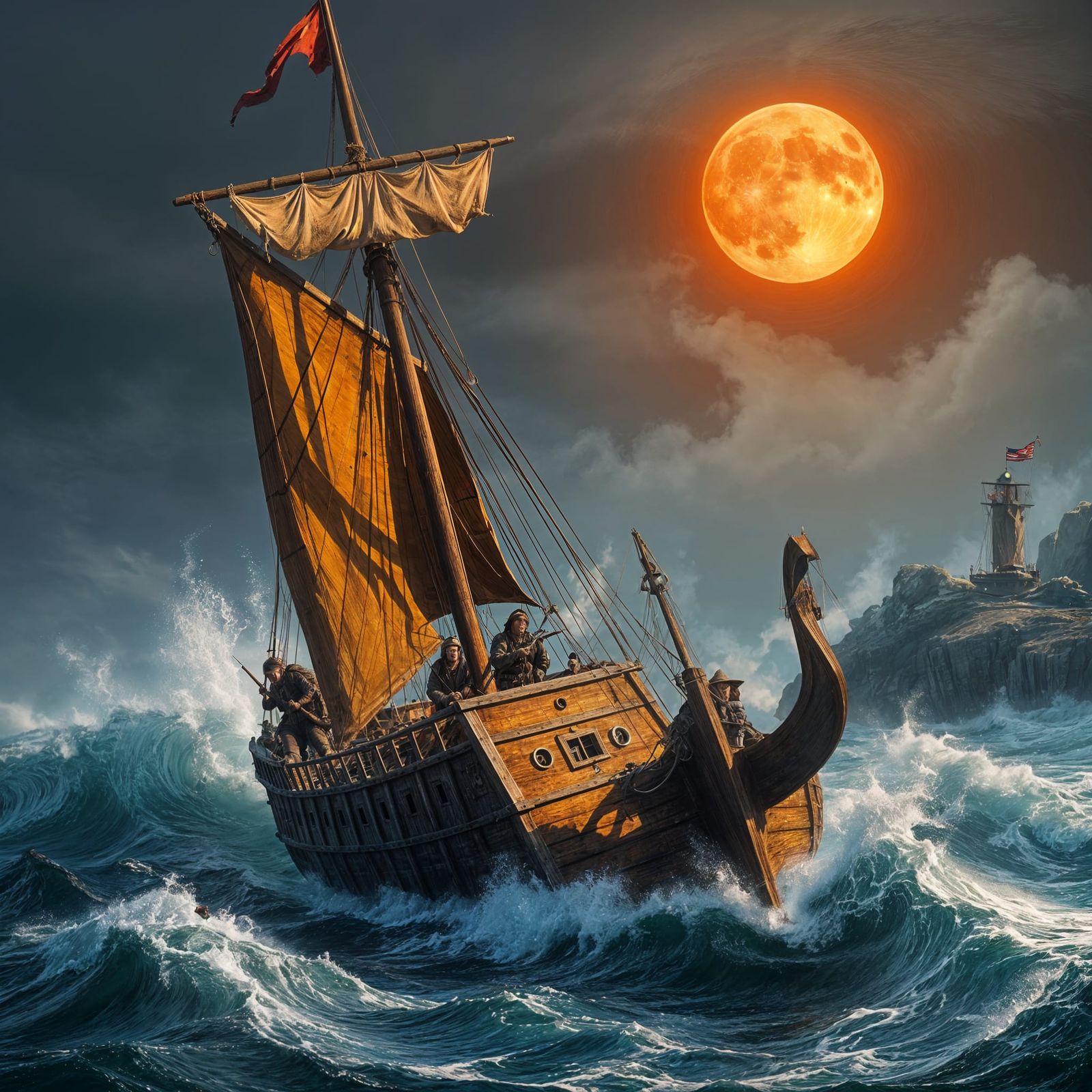 Medieval Sailing Vessel Under Blood Moon