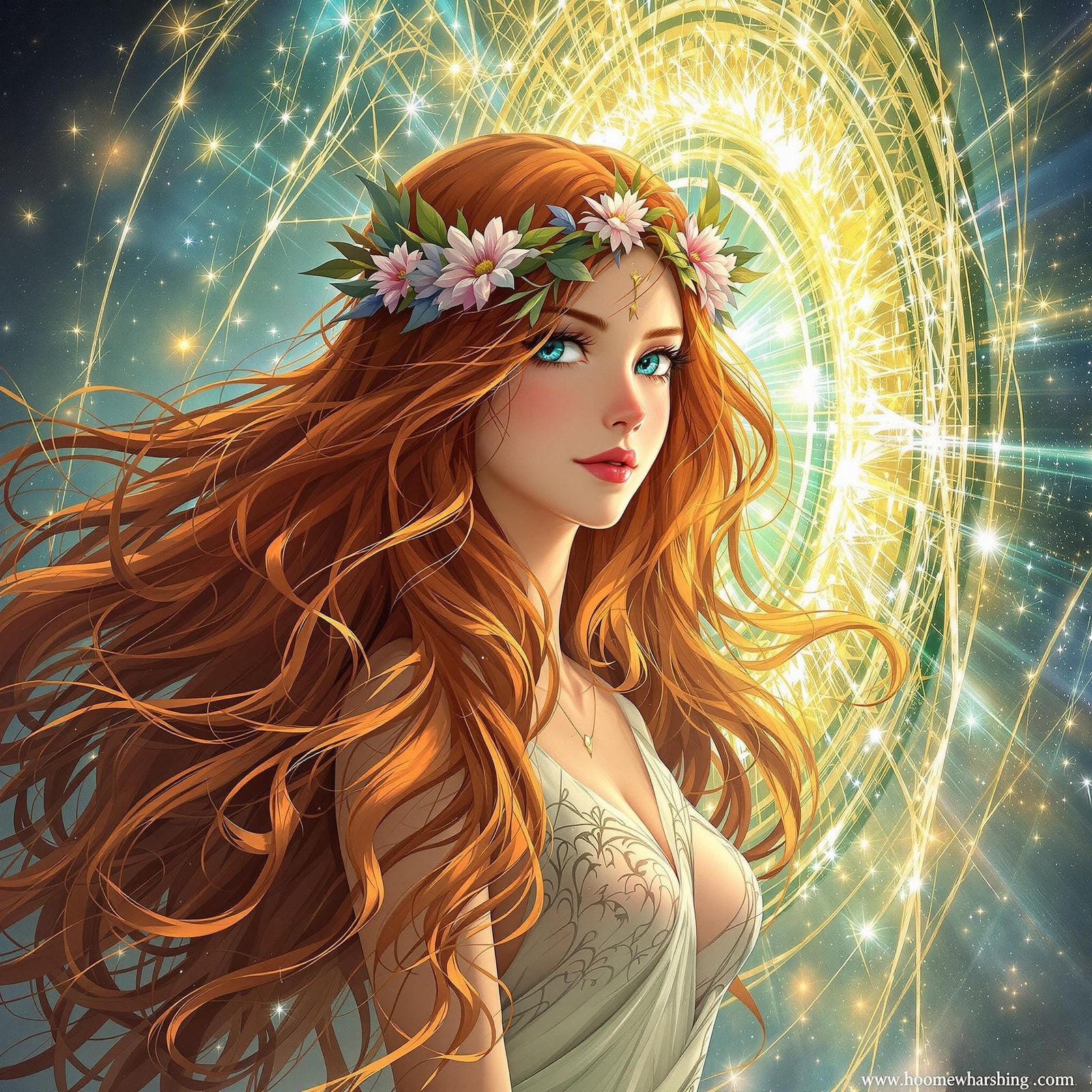 Anime Druidess Poised at Shimmering Portal