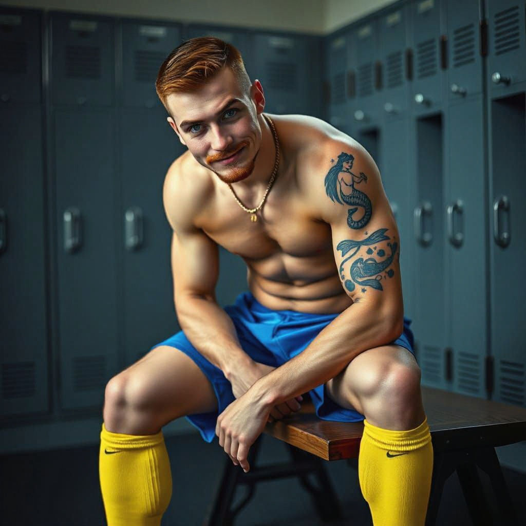 Shirtless Soccer Player in Locker Room: Cinematic Film Still