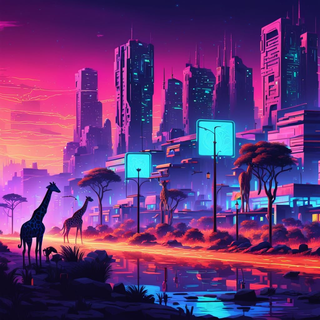 Neon African Savanna Cityscape in Cyberpunk Style