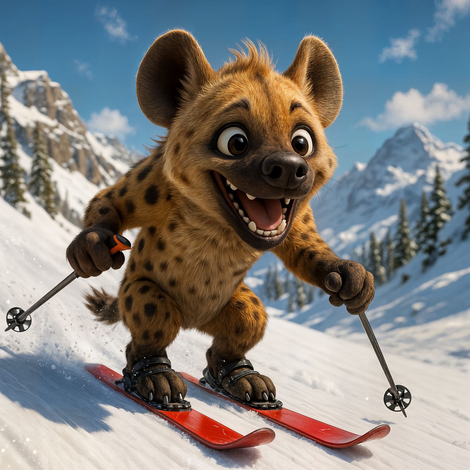CGI Hyena Skis Down Snowy Mountain