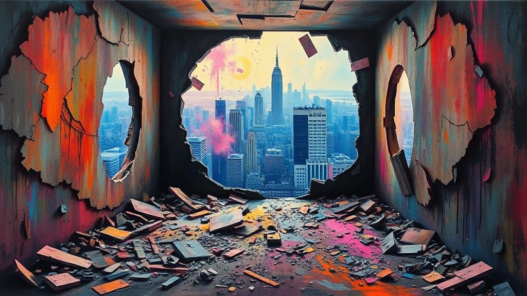 Dystopian Cityscape Revealed Through Shattered Walls