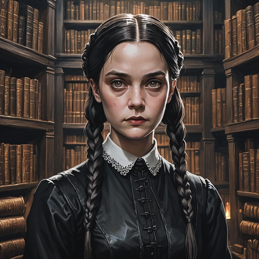 portrait of profile of Wednesday, the daughter in the Adamms...