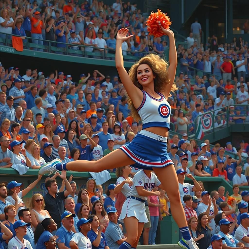 Chicago cubs cheerleader entertaining a baseball crowd in the Wrigley field ballpark