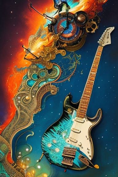 Steampunk Guitar Explosion in Art Nouveau Style