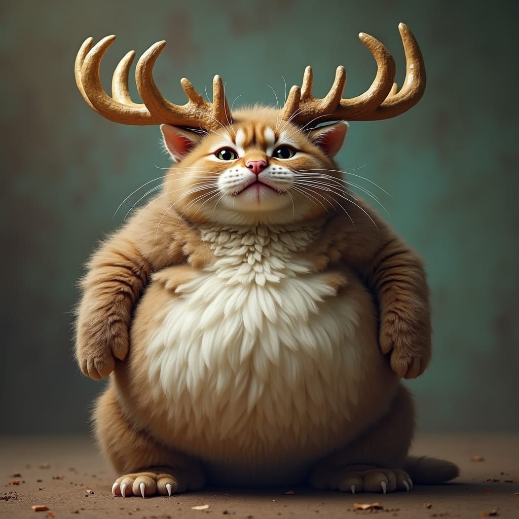 Obese Kitten with Antlers in Surreal Style
