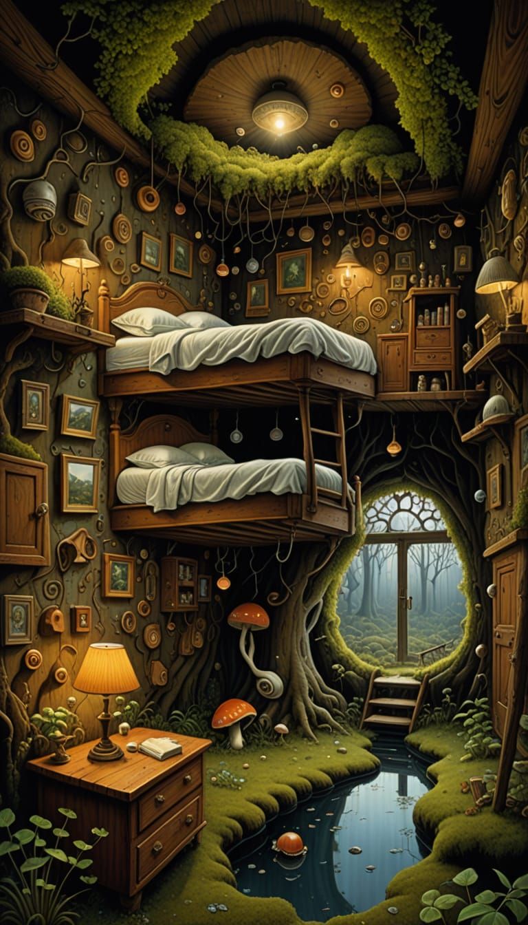 Surreal Inverted Bedroom in Rustic Cave Cottage Style