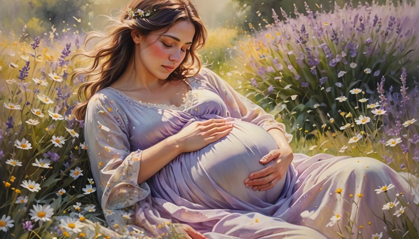 Ethereal Pregnant Woman in Dreamy Oil Painting