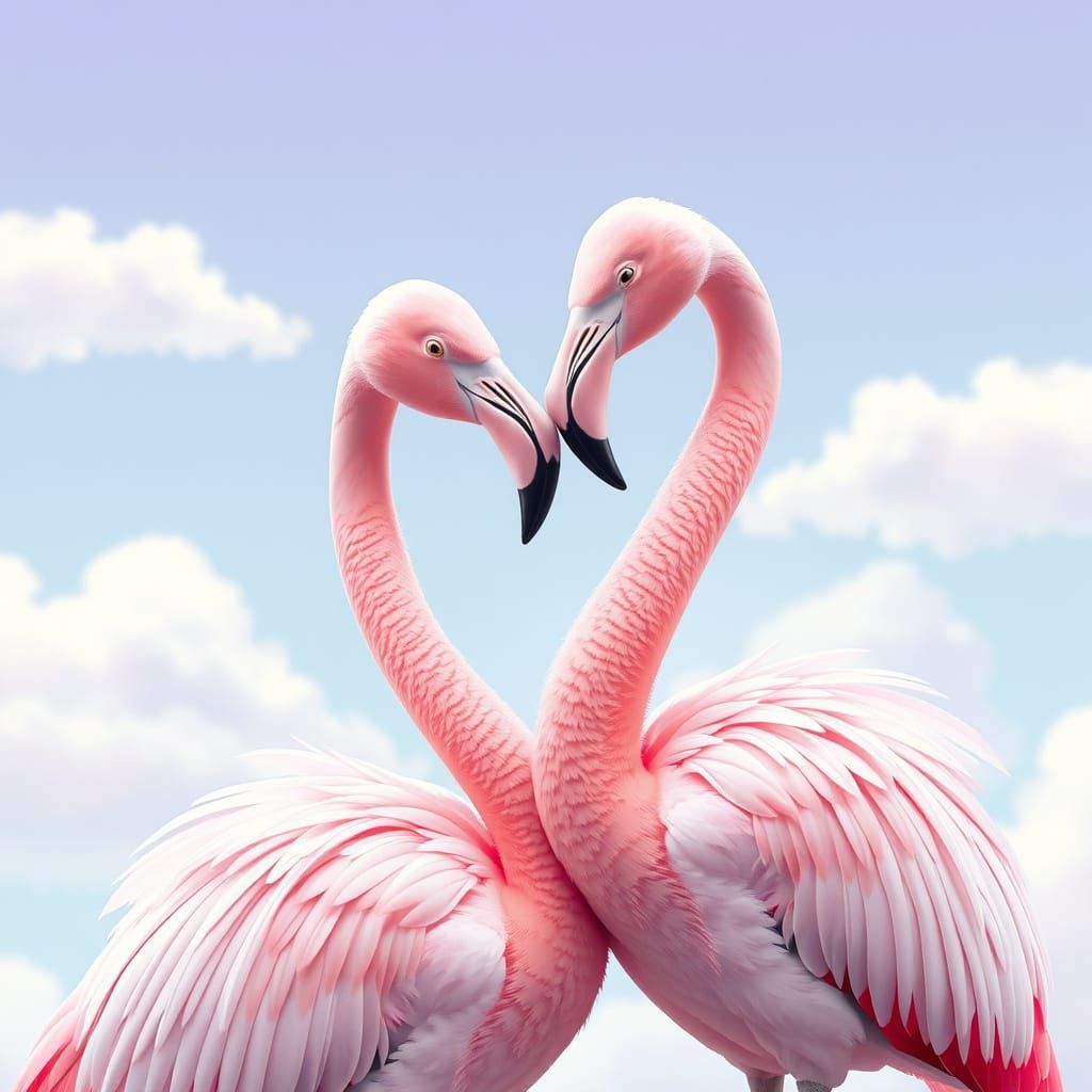 Pastel Pink Flamingos Form Heart in Whimsical Dreamlike Scen...