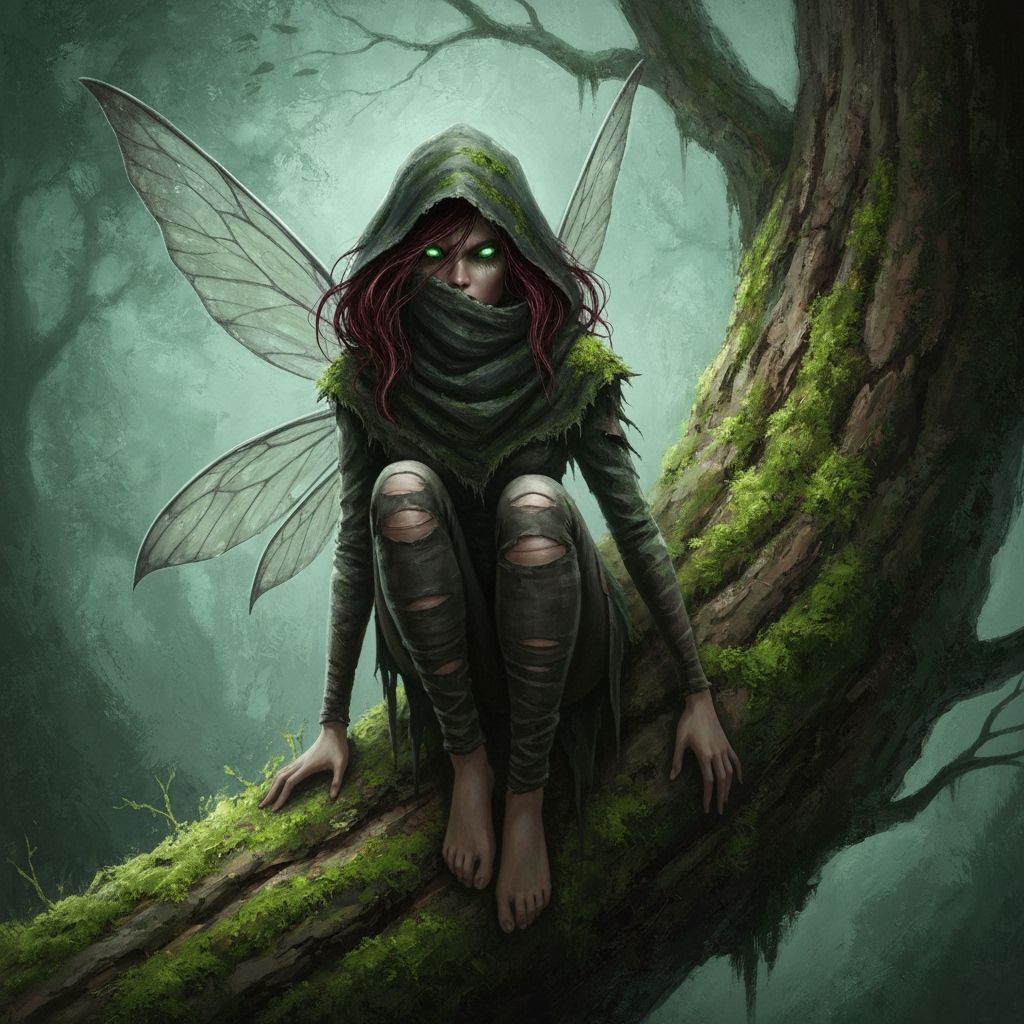 Mysterious Fairy on Ancient Tree Trunk in Painterly Style