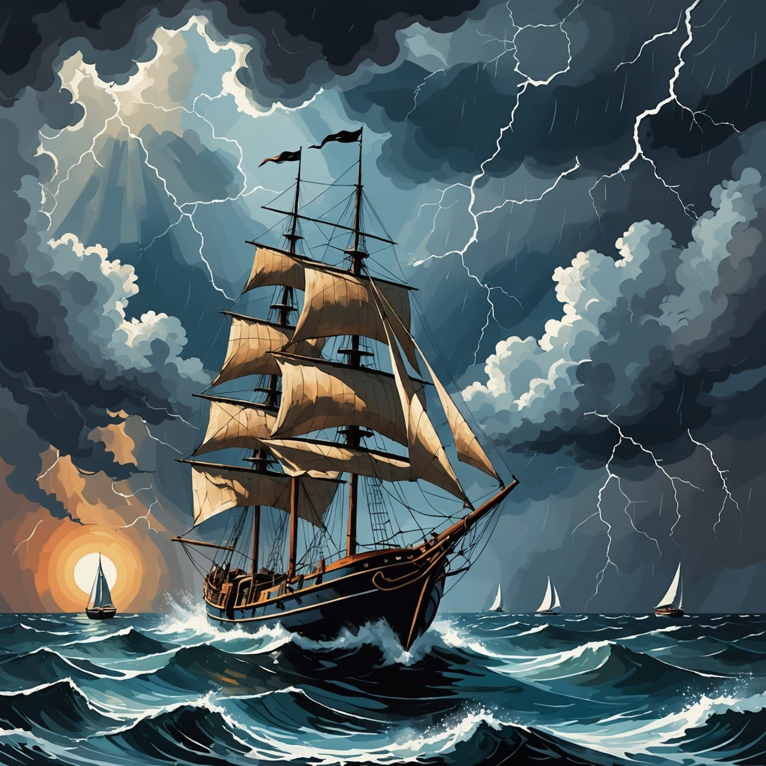 Sailboat Lost in Thunderstorm with Rust Compass