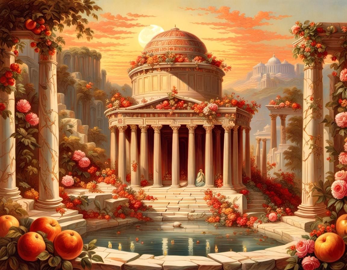 Greek Temple Sunset: 19th-Century Chromolithograph