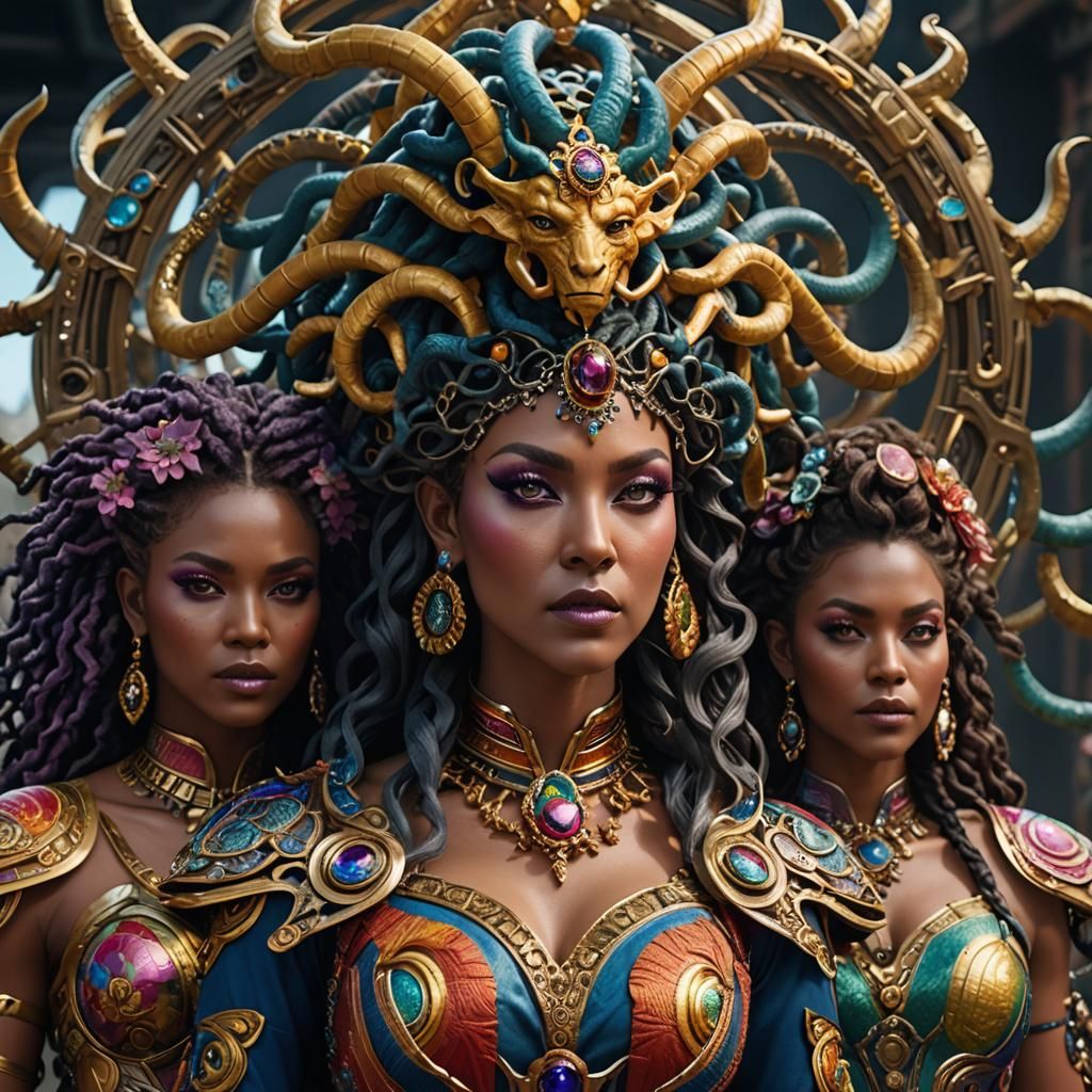 Hyperrealistic Medusa and Daughters in Detailed Clothing
